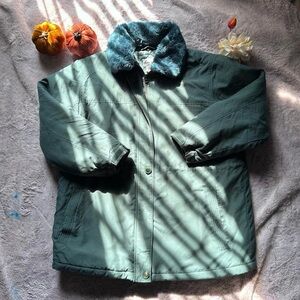 Men's Green Puffer Jacket with Faux Fur Collar